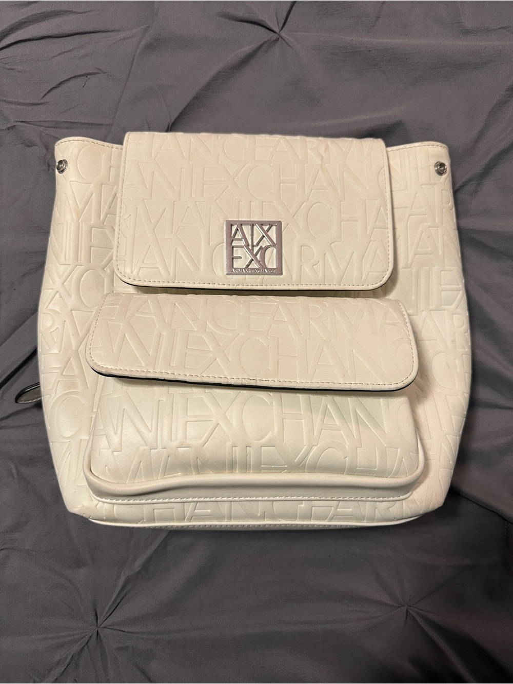Armani Exchange Cream Embossed Logo Backpack with Front Pockets